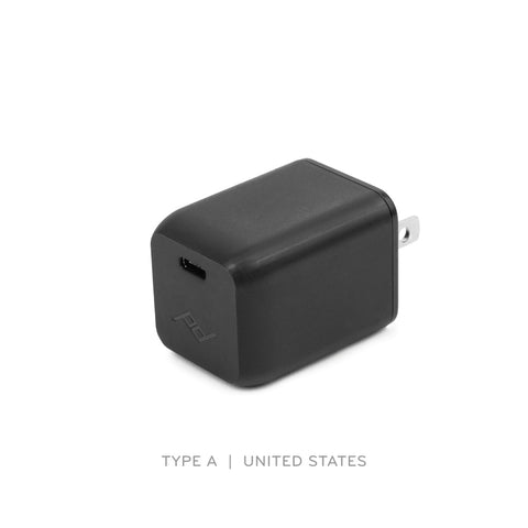 Rear view of a Type A USB C black wall power adapter
